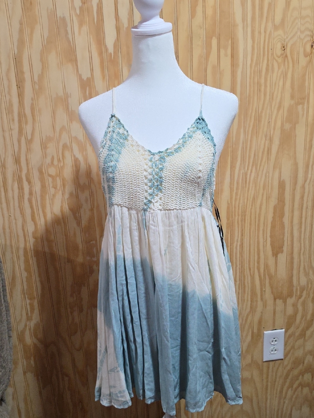 Lulu's Cream and Light Blue Crochet-Bodice Mini Dress